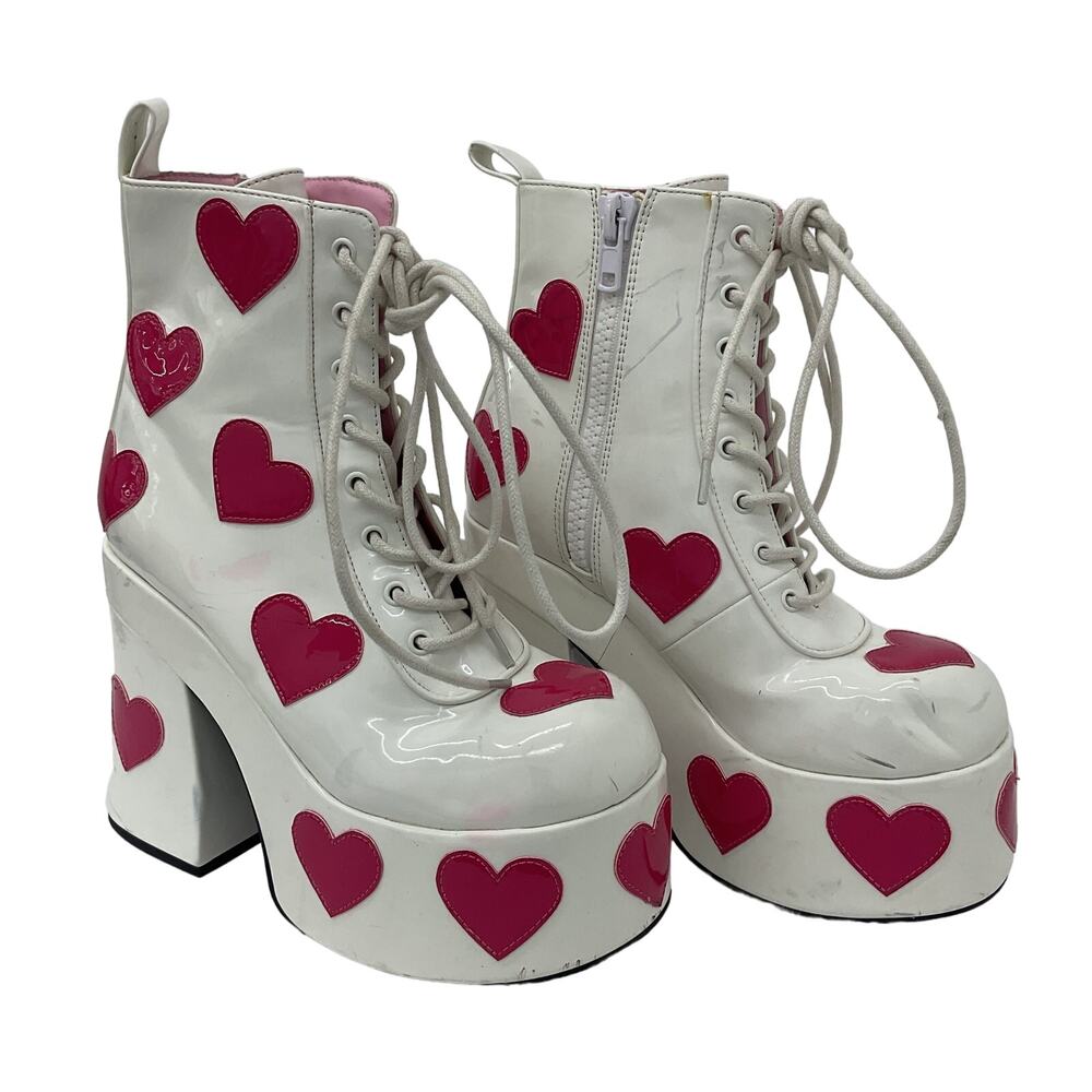 Dolls Kill White Pink Hearts Drag Queen Platform Boots, Patent Leather, Size 7M